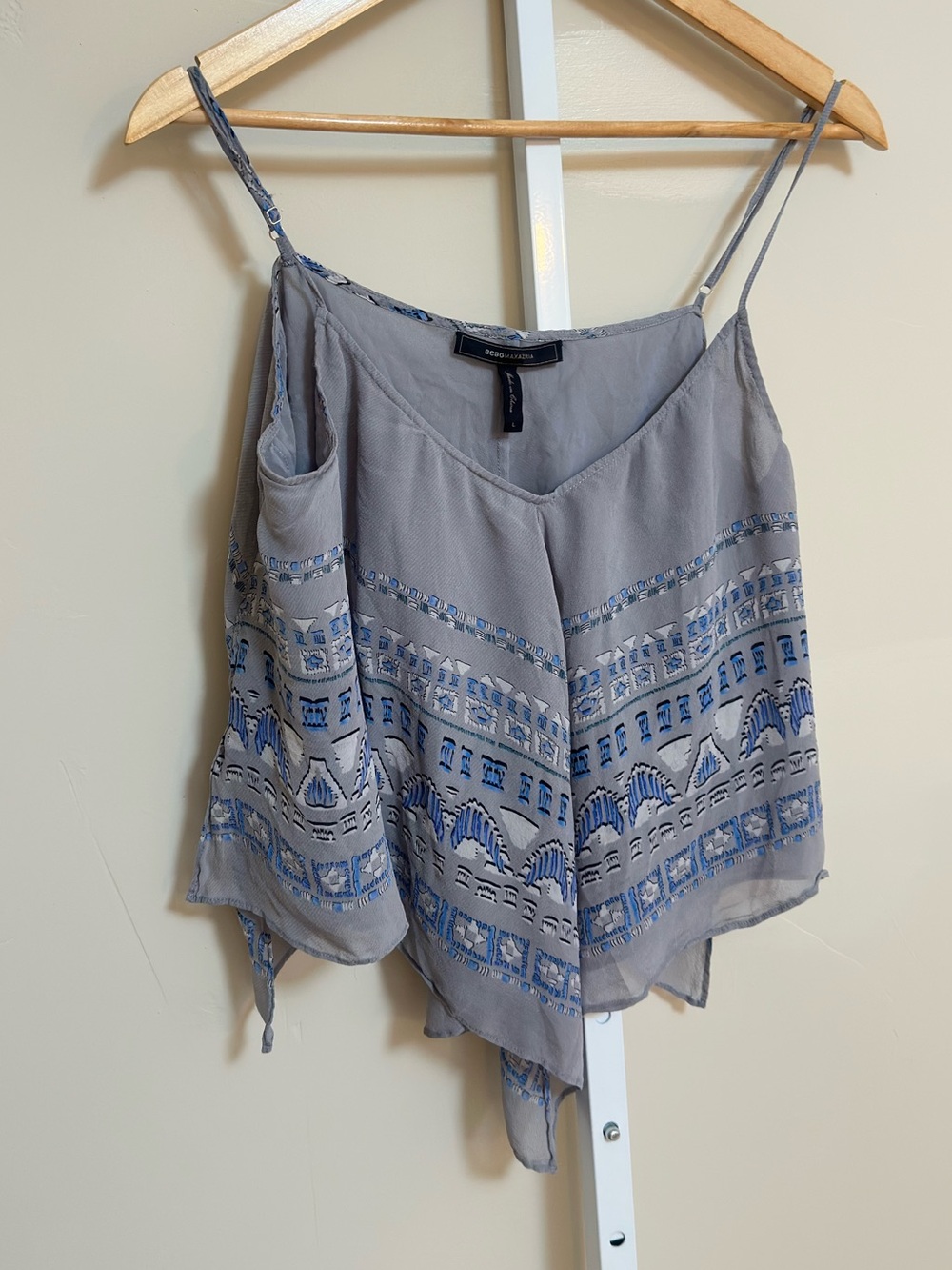 BCBG Max Azria L 100% Silk Asymmetrical Y2K Cami Top Blue Gray